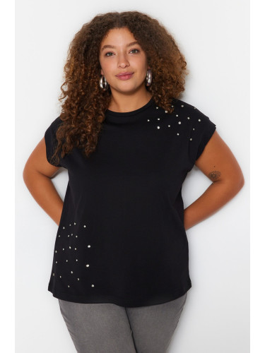 Trendyol Curve Black Crew Neck Stone Knitted T-shirt