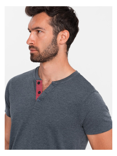 Ombre Men's T-shirt with unbuttoned round henley neckline - navy blue