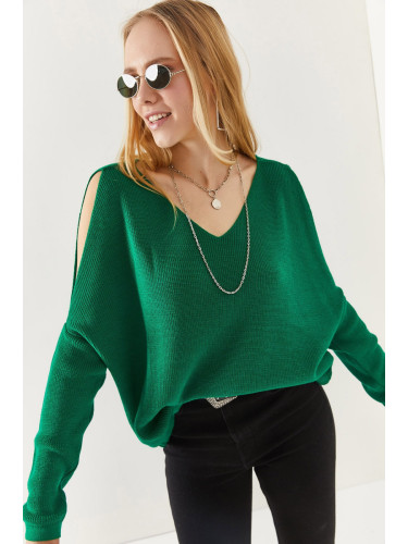 Olalook Women's Emerald Green V-Neck Decollete Loose Knitwear Blouse