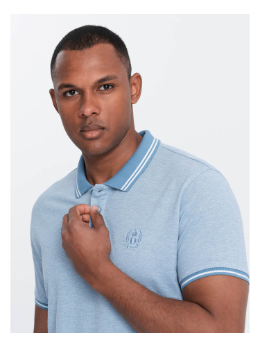 Ombre Men's melange polo shirt with striped collar - blue