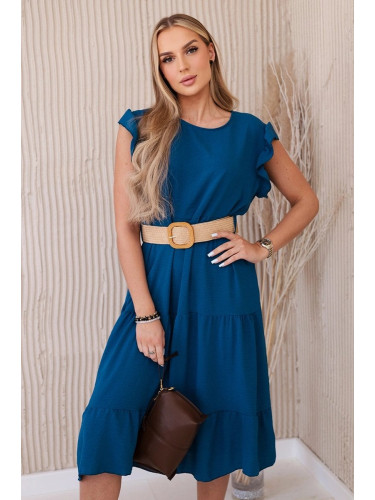 Women's dress with ruffles and belt - navy blue