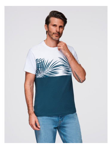 Ombre Men's two-tone t-shirt with palm leaf print - dark blue