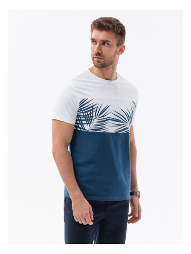 Ombre Men's two-tone t-shirt with palm leaf print - dark denim