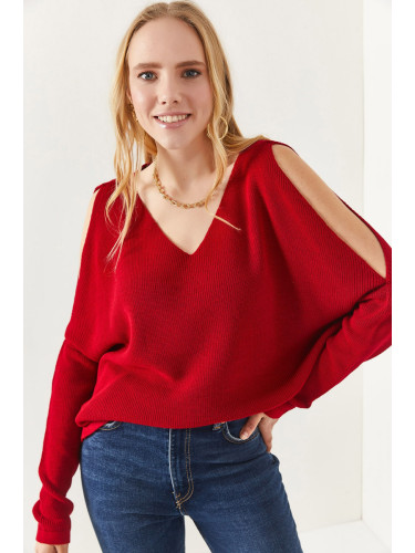 Olalook Women's Claret Red V-Neck Decollete Loose Knitwear Blouse