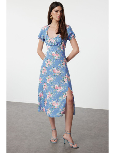 Trendyol Blue Floral Patterned A-Line Short Sleeve Maxi Woven Dress