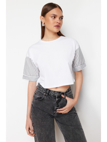 Trendyol White Striped Poplin Sleeve Detailed Slogan Printed Crop Knitted T-Shirt