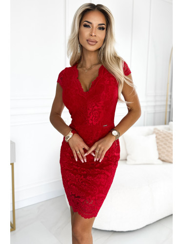 316-9 Lace dress with short sleeves and a neckline - red