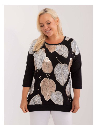 Plus size black cotton blouse with print