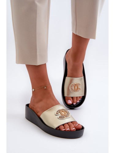 Elegant, lightweight women's slippers with embellishments, natural leather, S.Barski Gold