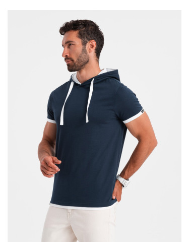 Ombre Casual men's cotton t-shirt with hood - navy blue