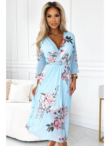 448-3 YUNA Pleated midi dress with a neckline and a belt - roses on a blue background