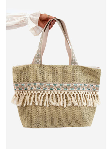 Large woven beach bag with fringe, green Missalori