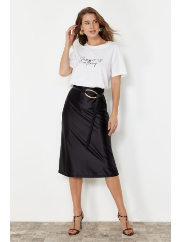 Trendyol Black Premium Satin A-Line/Alarm Form Midi Knitted Skirt