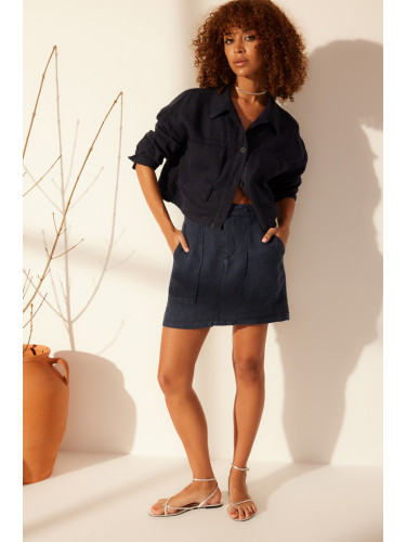 Trendyol Navy Blue 100% Linen Pocket Detail Mini Skirt