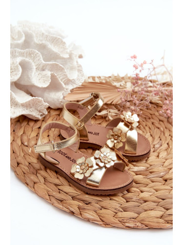 Children's sandals decorated with flowers, Velcro fastening, gold fagossa