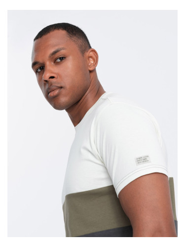 Ombre Men's tricolor T-shirt with wide stripes - cream