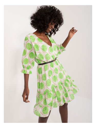 Ecru-green dress with colorful patterns