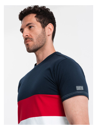 Ombre Men's tricolor T-shirt with wide stripes - navy