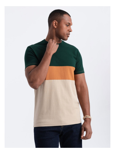 Ombre Men's tricolor T-shirt with wide stripes - dark green