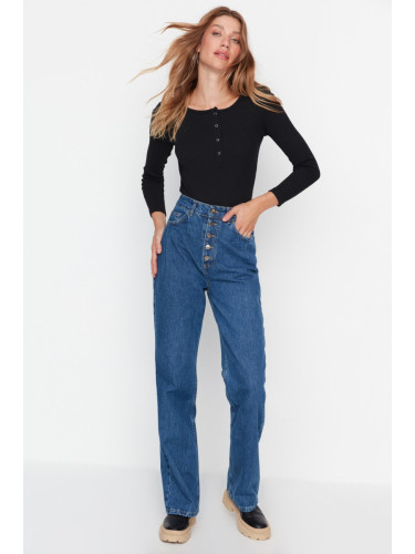 Trendyol Dark Blue Pleated High Waist Wide Leg Jeans With Buttons At The Front