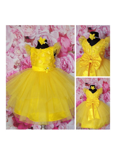 Официална детска рокля Зария с голяма панделка с 3D пеперуди и с тюл в