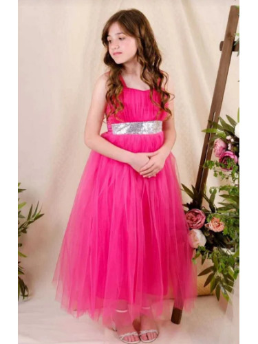 Официална детска дълга рокля Даналия без ръкав в циклама с тюл