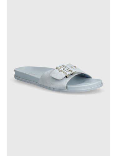 Велурени чехли Tommy Hilfiger TH HARDWARE SUEDE FLAT SANDAL в синьо FW0FW07935