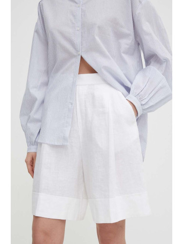 Ленен къс панталон United Colors of Benetton в бяло с изчистен дизайн с висока талия