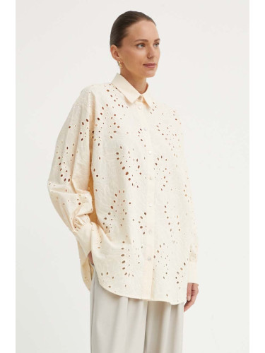 Памучна риза Bruuns Bazaar ArgyreiaBBFelina дамска в бежово със свободна кройка с класическа яка BBW3914