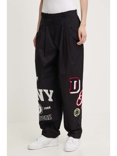 Памучен панталон Dkny HEART OF NY в черно със стандартна кройка, с висока талия D2B4A101
