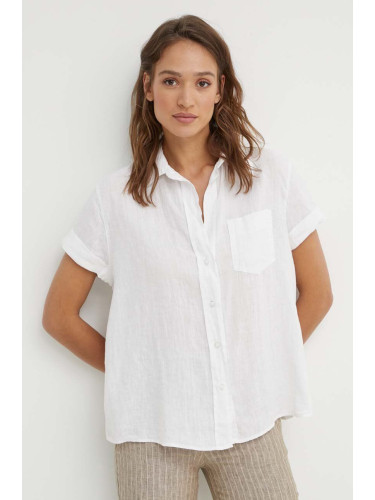 Ленена риза Sisley в бяло със свободна кройка с класическа яка