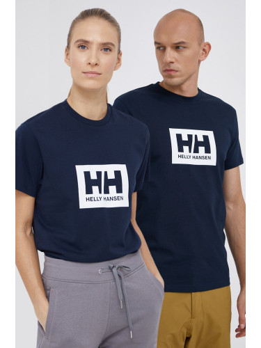 Памучна тениска Helly Hansen в тъмносиньо с принт