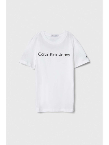 Детска памучна тениска Calvin Klein Jeans в бяло с принт