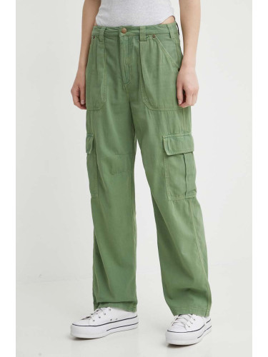 Памучен панталон Billabong в зелено с широка каройка, с висока талия ABJNP00419
