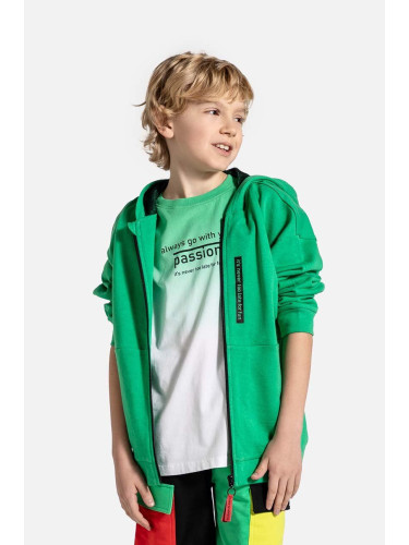 Детски памучен суичър Coccodrillo в зелено с качулка с изчистен дизайн
