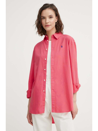 Памучна риза Polo Ralph Lauren дамска в червено със свободна кройка с класическа яка 211916277