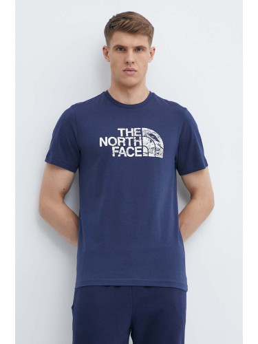 Памучна тениска The North Face в тъмносиньо с принт NF0A87NX8K21