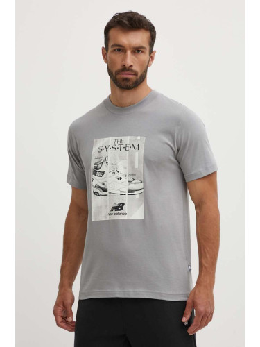 Памучна тениска New Balance в сиво с принт MT41595YST