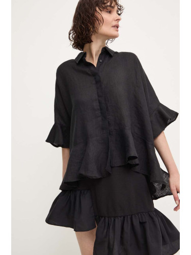 Ленена риза Answear Lab в черно със свободна кройка с класическа яка