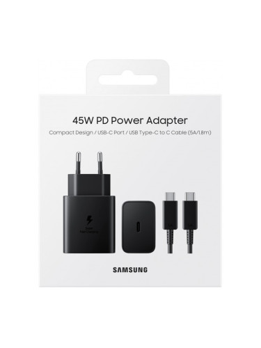 Зарядно устройство Samsung Power Adapter (EP-T4510XBEGEU), от контакт към USB-C (ж), 45W, черно