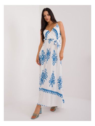 Blue and white flowing dress with patterns