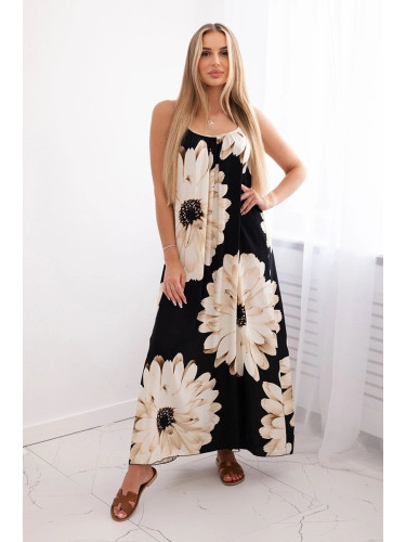 Viscose dress with straps with a floral motif in black