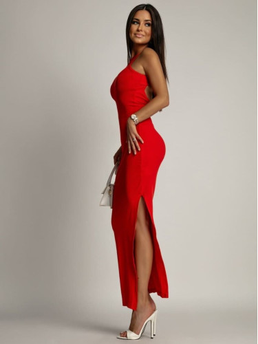 Coral fitted basic dress with a cutout on the back