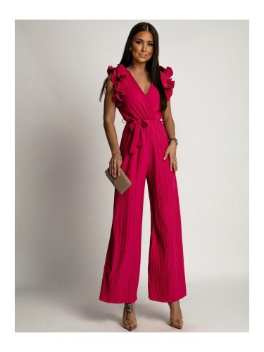 Pleated jumpsuit with ruffles, dark pink