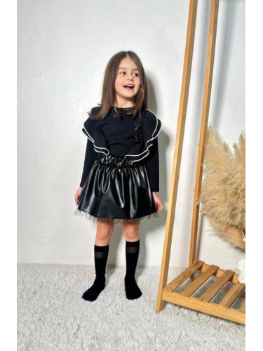 Комплект за момиче от кожена пола в черно и блуза в черно с къдрички