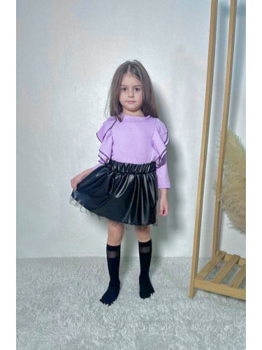 Комплект за момиче от кожена пола в черно и блуза в лилаво с къдрички