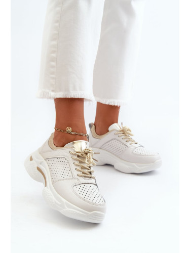 Women's leather sneakers with thick white and gold Dzumati soles