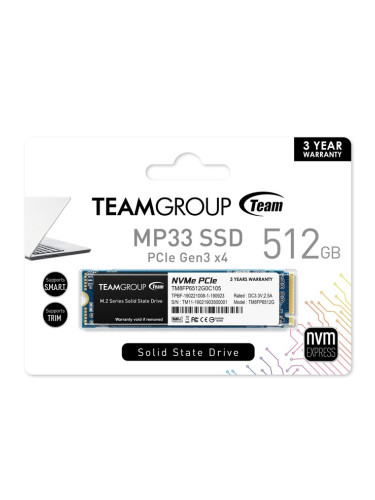 Памет SSD 512GB, Team Group MP33, NVMe, M.2 (2280), скорост на четене 1700 MB/s, скорост на запис 1400 MB/s