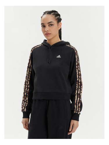 adidas Суитшърт Essentials 3-Stripes Animal Print IR9313 Черен Loose Fit