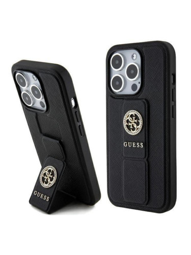 Оригинален кейс Guess Grip Stand Saffiano 4G Strass, За iPhone 15 Pro (6.1), Черен